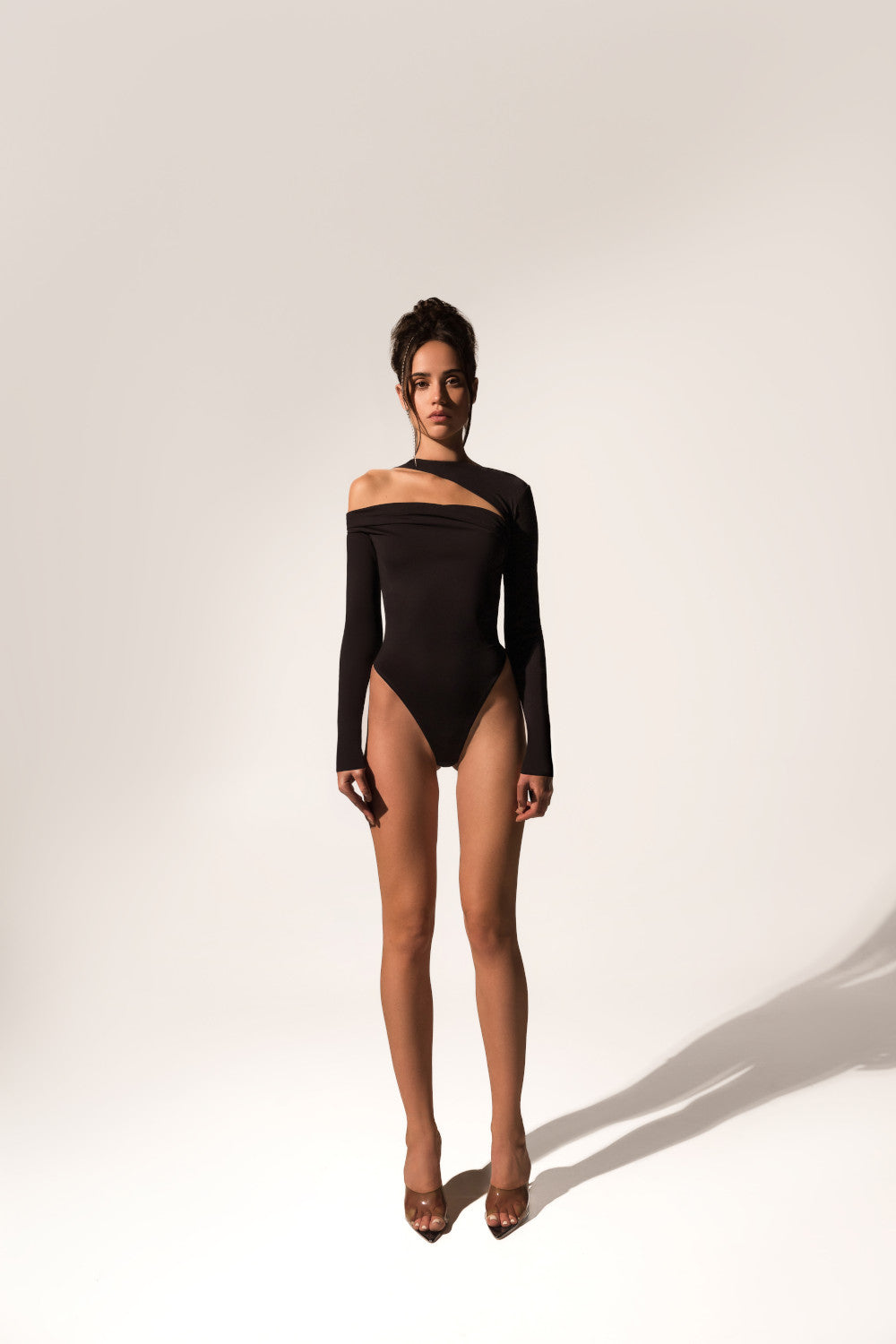 Offset bodysuit in black