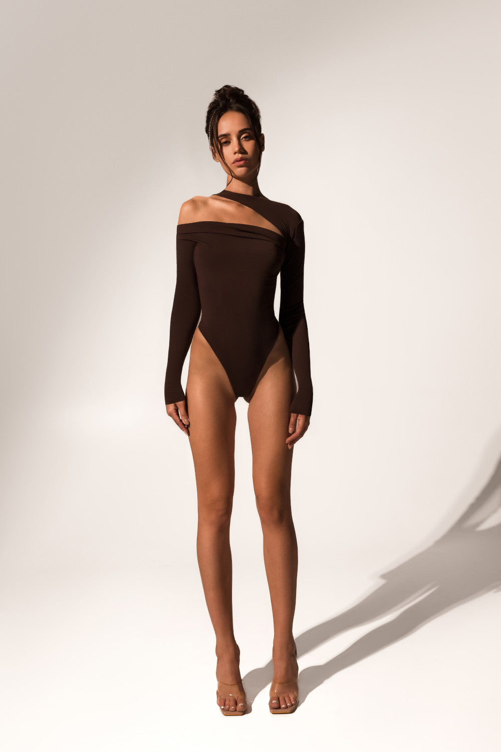 Offset bodysuit in brown
