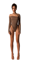 Offset bodysuit in taupe
