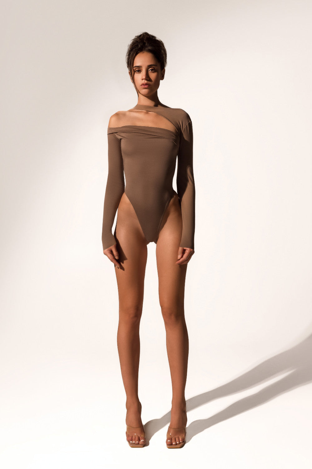 Offset bodysuit in taupe