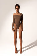 Offset bodysuit in taupe
