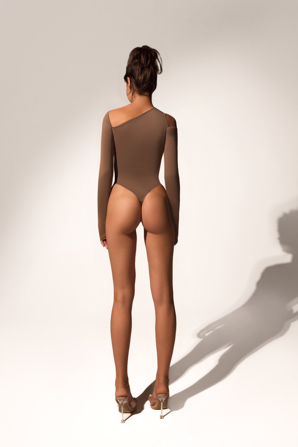 Offset bodysuit in taupe