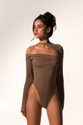 Offset bodysuit in taupe